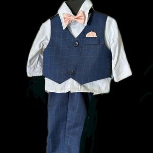 Baby boys suit set! Comes with pants, shirt, vest, and bow tie.